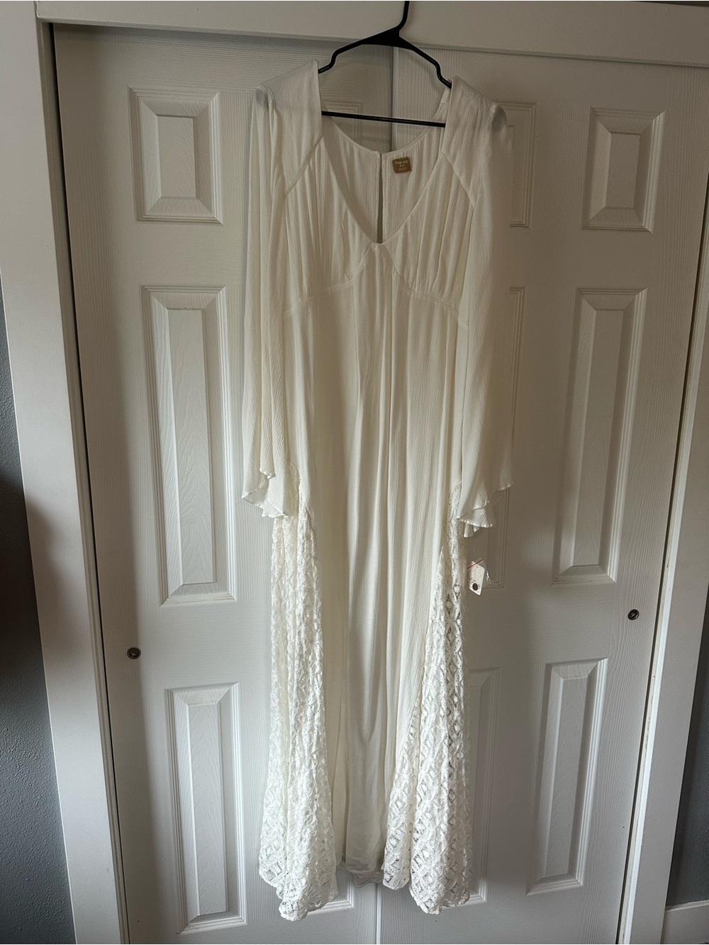 Free People Boho White Maxi Dress with Long Sleeves and Lace Details